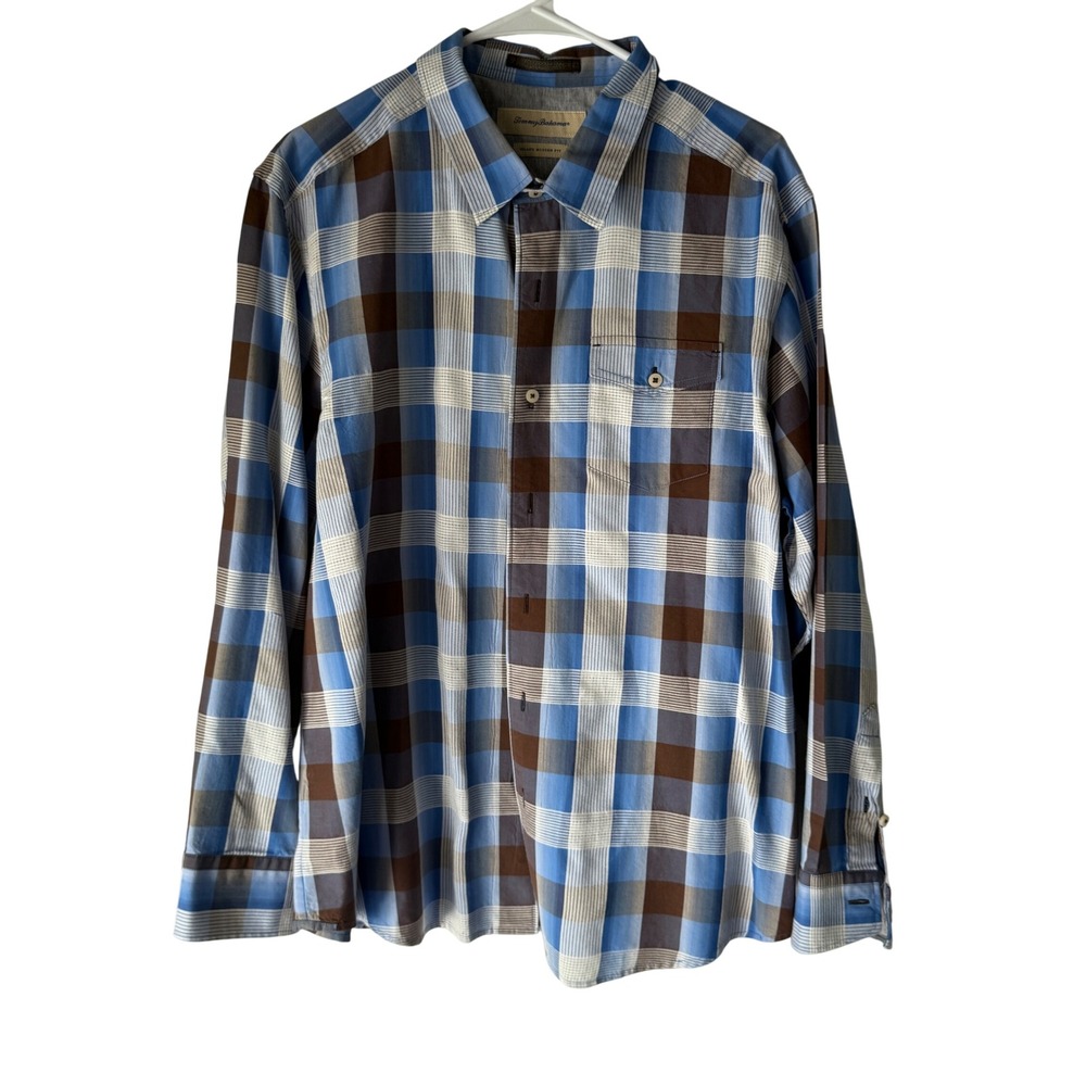 Tommy Bahama Mens XL Island Modern Fit Plaid Button Up Shirt Blue Silk Blend